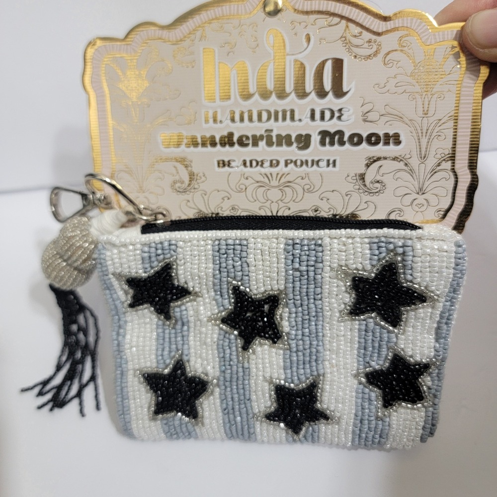 Wandering Moon Hand Beaded Pouch Coin Purse Black Stars Stripes Handmade India